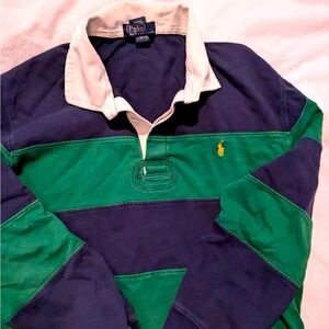 Youth boys blue/green strip polo short L